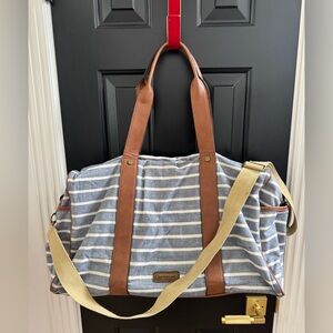 Madden Girl Blue & White Striped Duffel Bag with Brown and Tan Accents